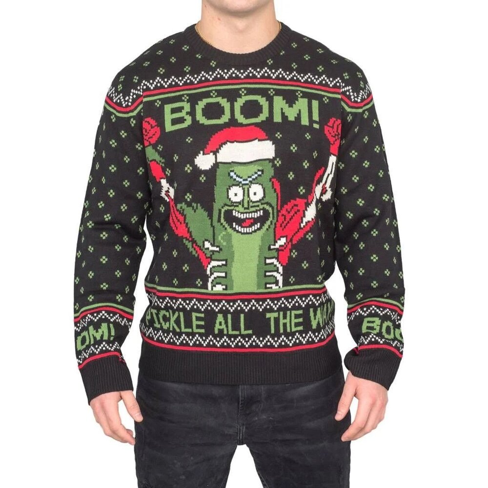 Rick and Morty Boom! Pickle Rick Adult Ugly Christmas Sweater Medium